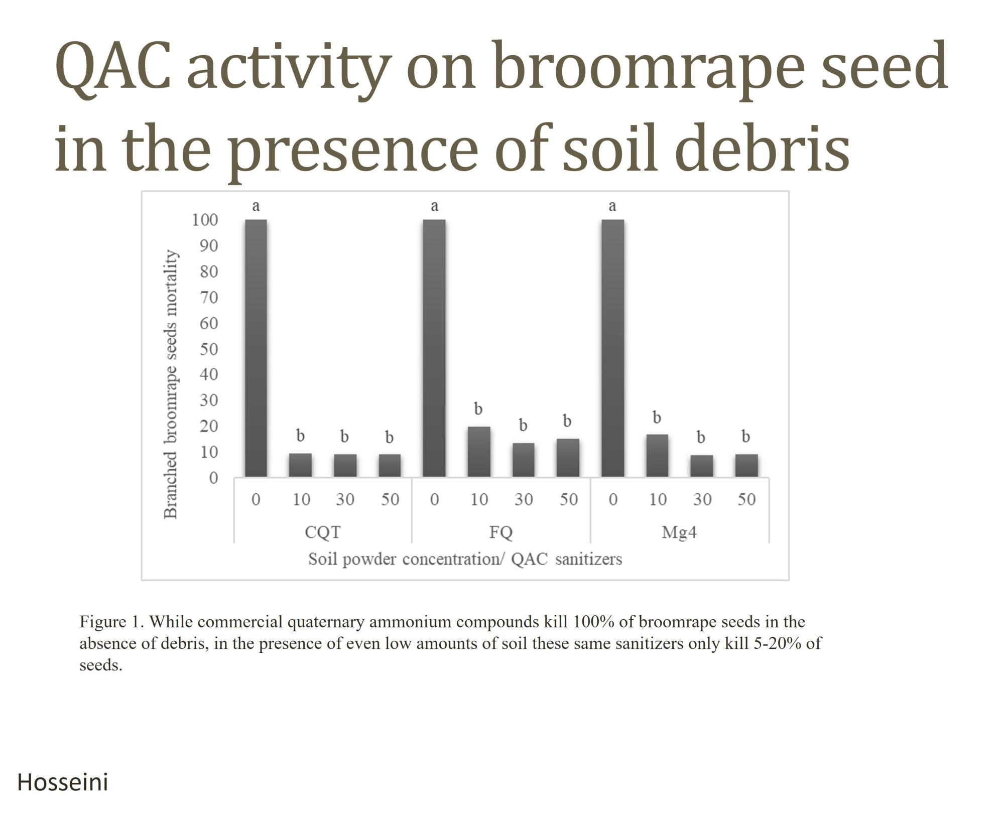A graph demonstrating the QAC activity on broomrape seed in the presence of soil debris. The X axis is labeled Branched Broomrape seeds mortality and the Y axis is labeled Soil powder concentration / QAC sanitizers.